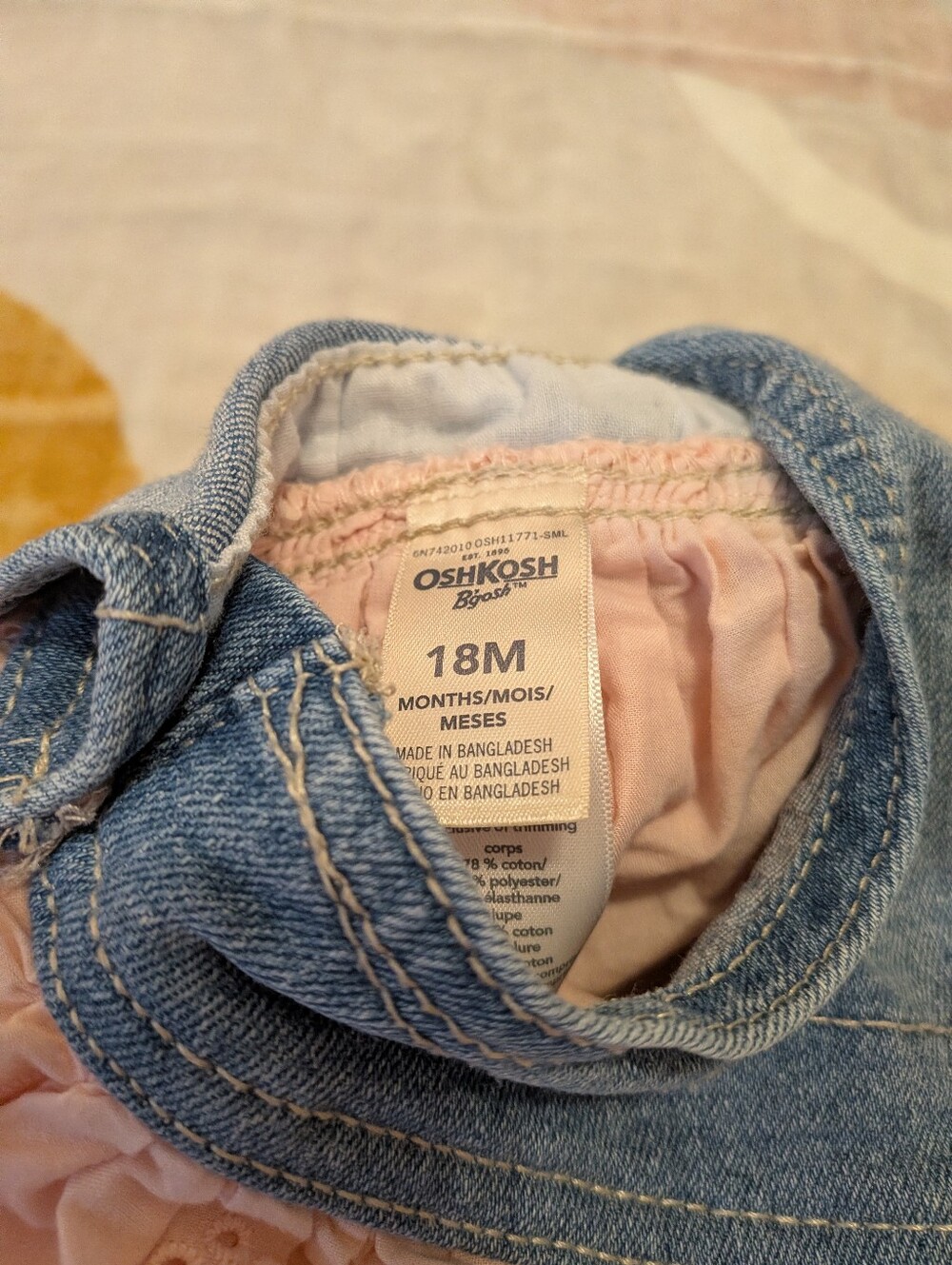 18 Month Oshkosh Denim Pink Eyelet Dress + Floral Romper, White Polka Dot Onesie - Picture 4 of 4